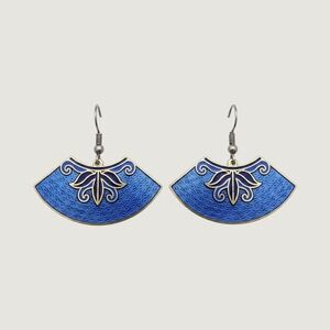 Vintage Blue Cloisonne Enamel Fan Dangle Earrings  Signed Gold Tone Floral Asian